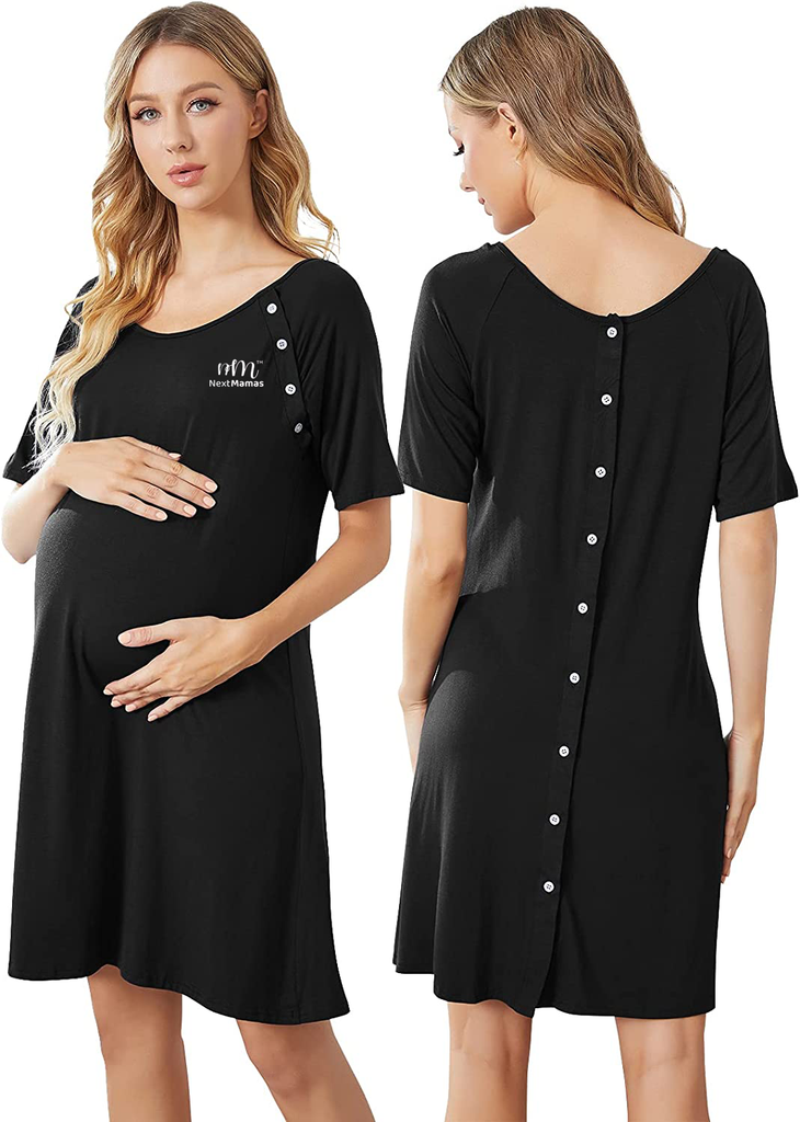 Women Maternity Nursing Dress | For Delivery, Labor, Hospital, and Breastfeeding, Dress with SINGLE SIDED Buttons - NextMamas