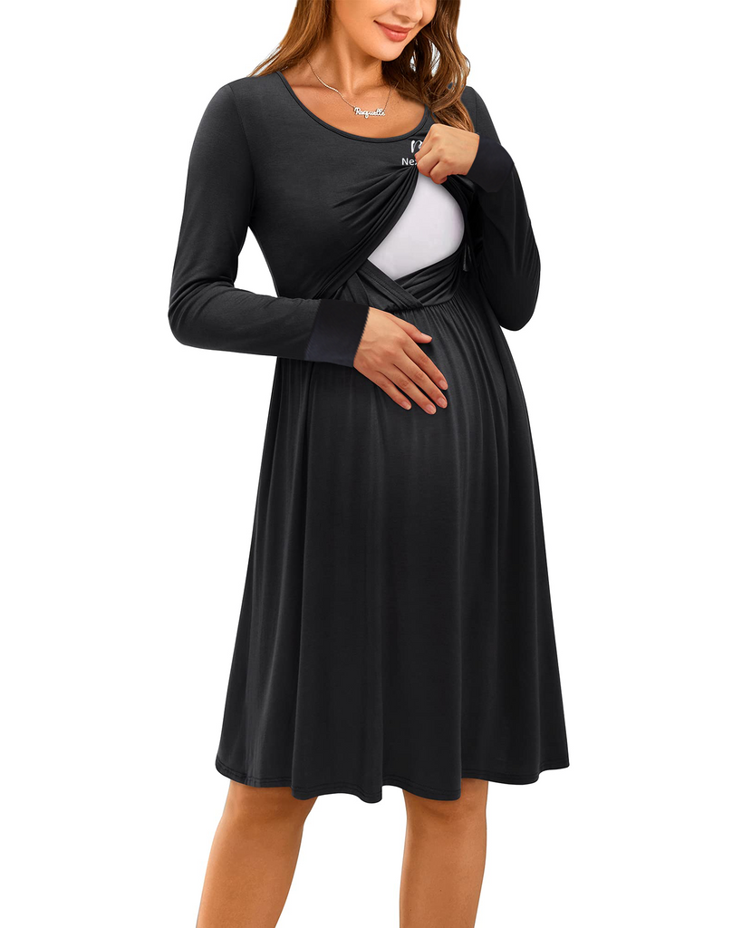 Long Sleeve Casual Maternity Dresses | Nursing Gown Breastfeeding Dress - NextMamas