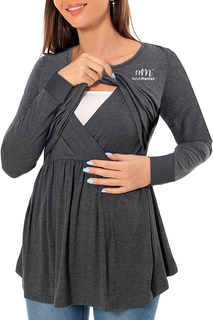 Long Sleeve Casual Maternity Dresses | Nursing Gown Breastfeeding Dress - NextMamas