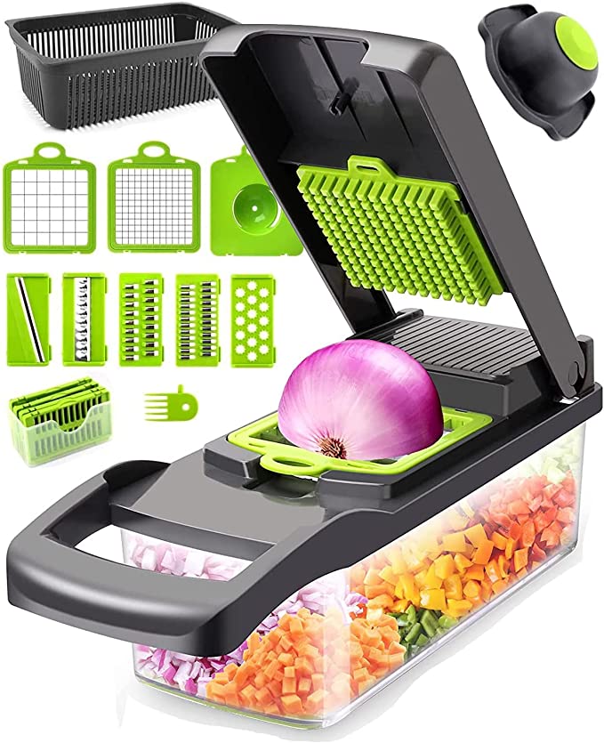 StorageMate Vegetable Chopper Mandolin Slicer - 12 in 1 Food Chopper - 8  Interchangeable Blades - Cutter, Chopper, Dicer and Grater - Includes  Colander Basket and Container - Gray 