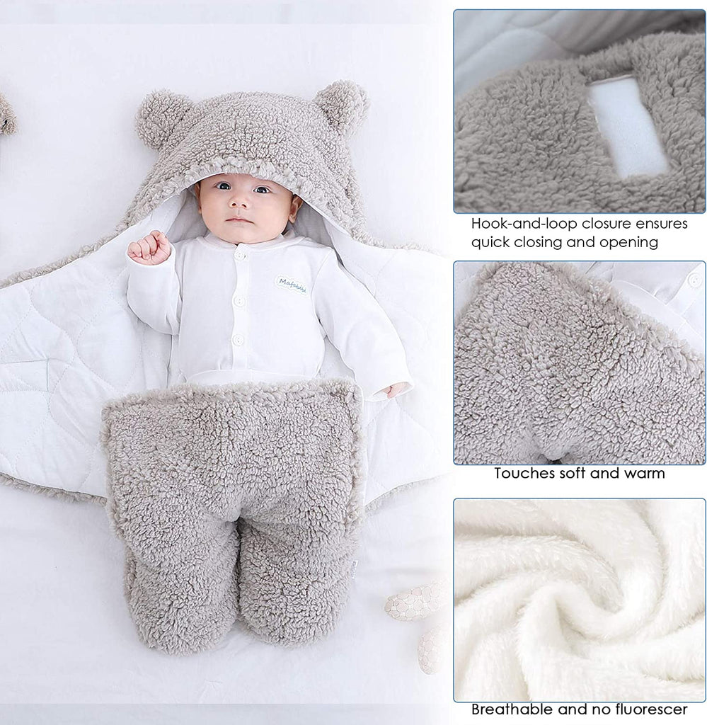 Newborn Baby Swaddle Blanket Wrap  | Winter Infant Soft Plush Romper Warm Hooded Wrap. - NextMamas