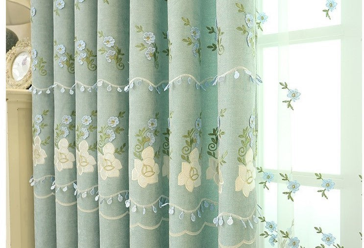 Small Flower Embroidered Window Curtain For bedroom | Green Blackout Curtains Window ( 56''W x 96''L - 1x Curtain Pannel,1x Sheer ). - NextMamas