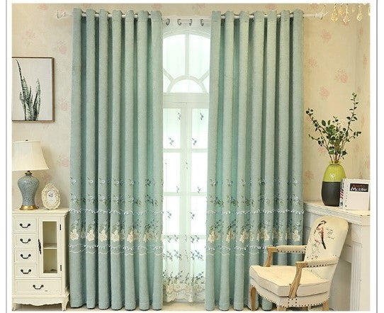 Small Flower Embroidered Window Curtain For bedroom | Green Blackout Curtains Window ( 56''W x 96''L - 1x Curtain Pannel,1x Sheer ). - NextMamas