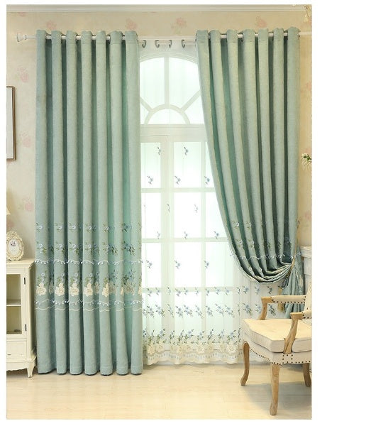 Small Flower Embroidered Window Curtain For bedroom | Green Blackout Curtains Window ( 56''W x 96''L - 1x Curtain Pannel,1x Sheer ). - NextMamas